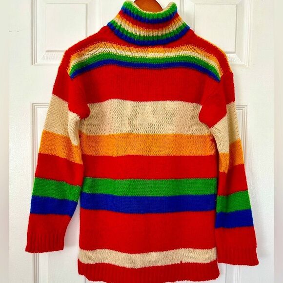 70s Sweater Rainbow Striped Turtleneck Vintage Knitmakers Size Small - Picture 3 of 7